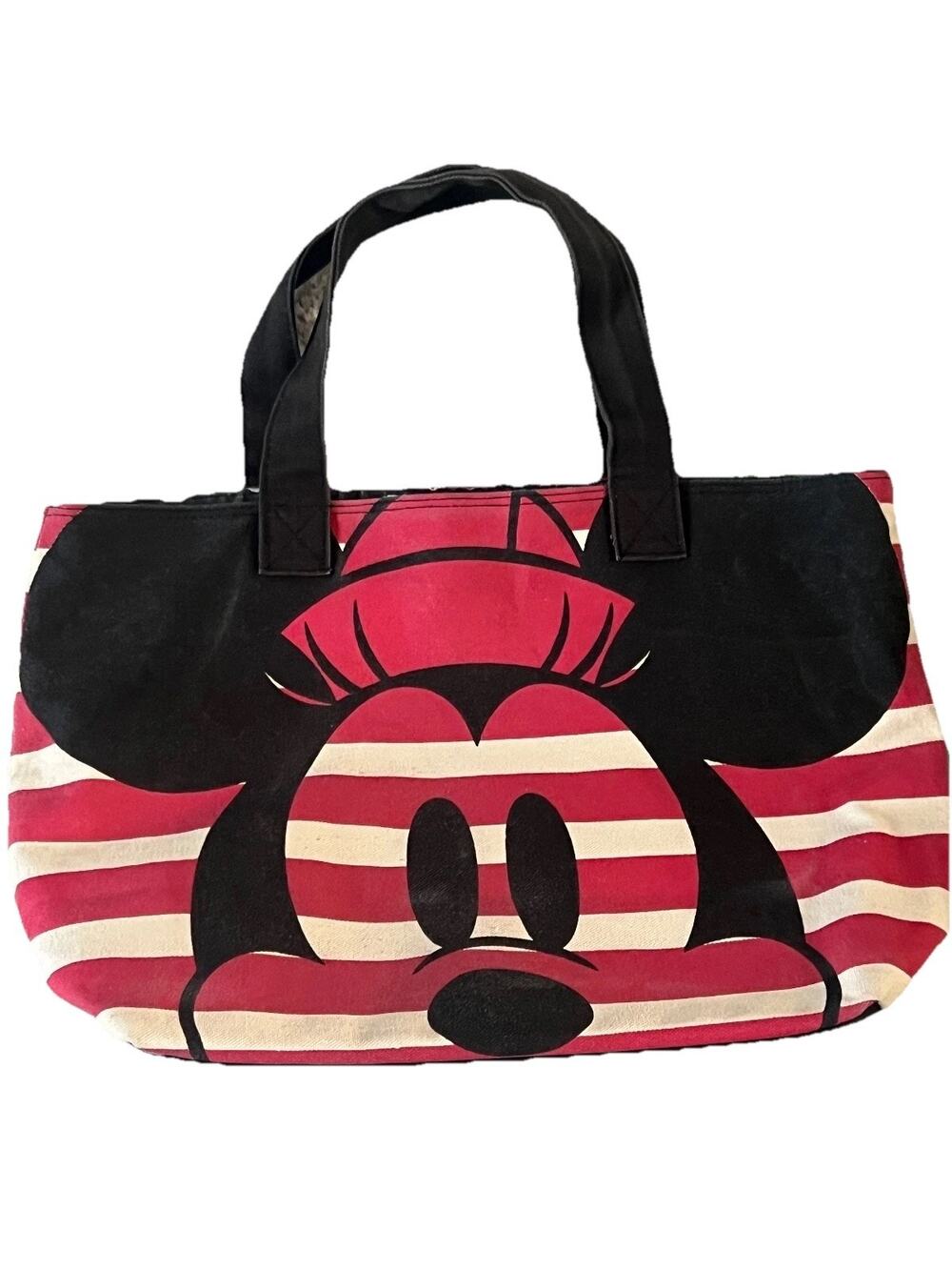 Disney Mickey & Minnie Mouse Striped Canvas Tote Bag Inside pocket Purse
